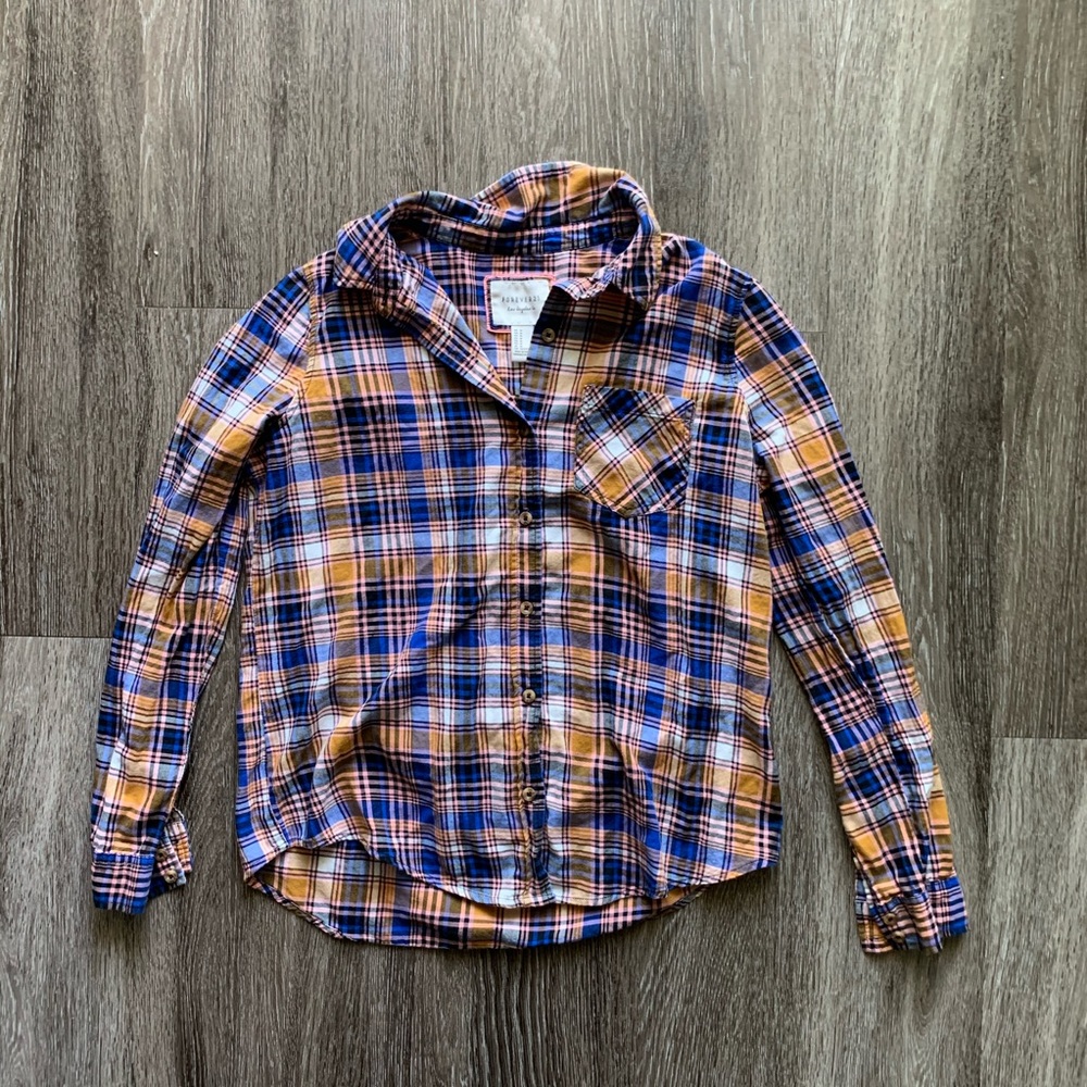 Forever 21 Button Up Flannel Blue Yellow Medium